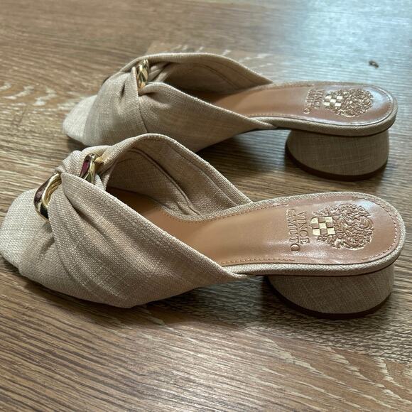 Vince Camuto Liane Natural Linen Raffia Slide Sandals Gold Ring Round Heel New 9 - Picture 7 of 14